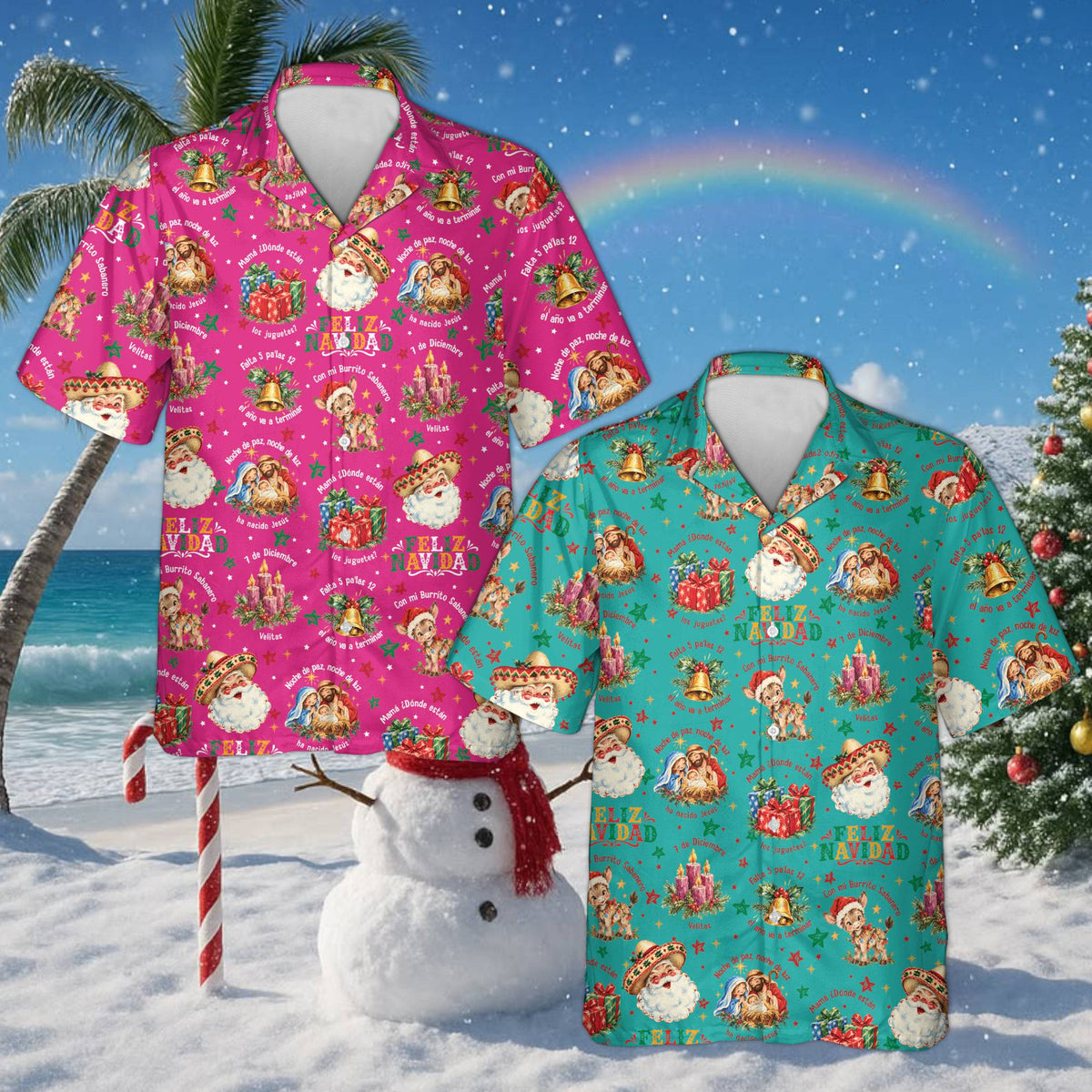 Front view of the vibrant pink and teal christmas hawaiian shirt