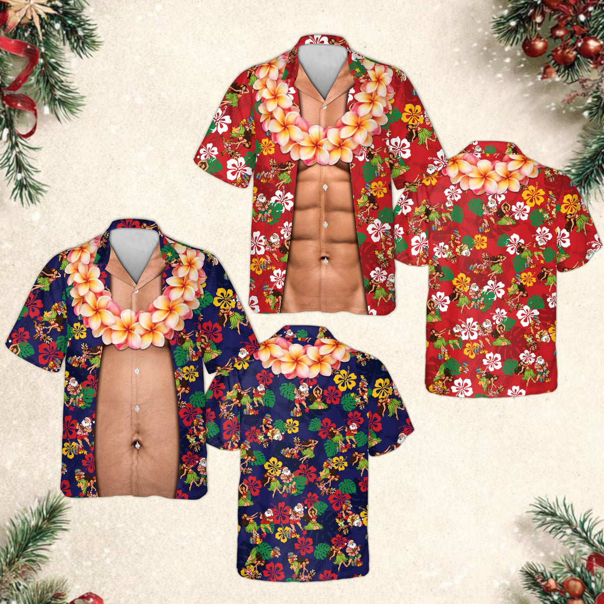 Front view of the funny christmas hawaiian shirt in tropical print