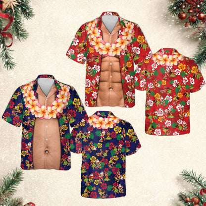 Front view of the funny christmas hawaiian shirt in tropical print