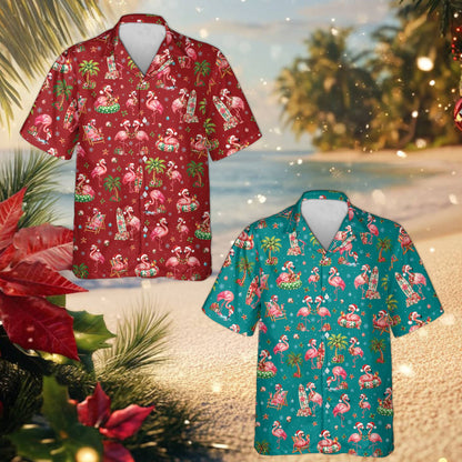Front detail of the flamingo and beach holiday hawaiian shirt