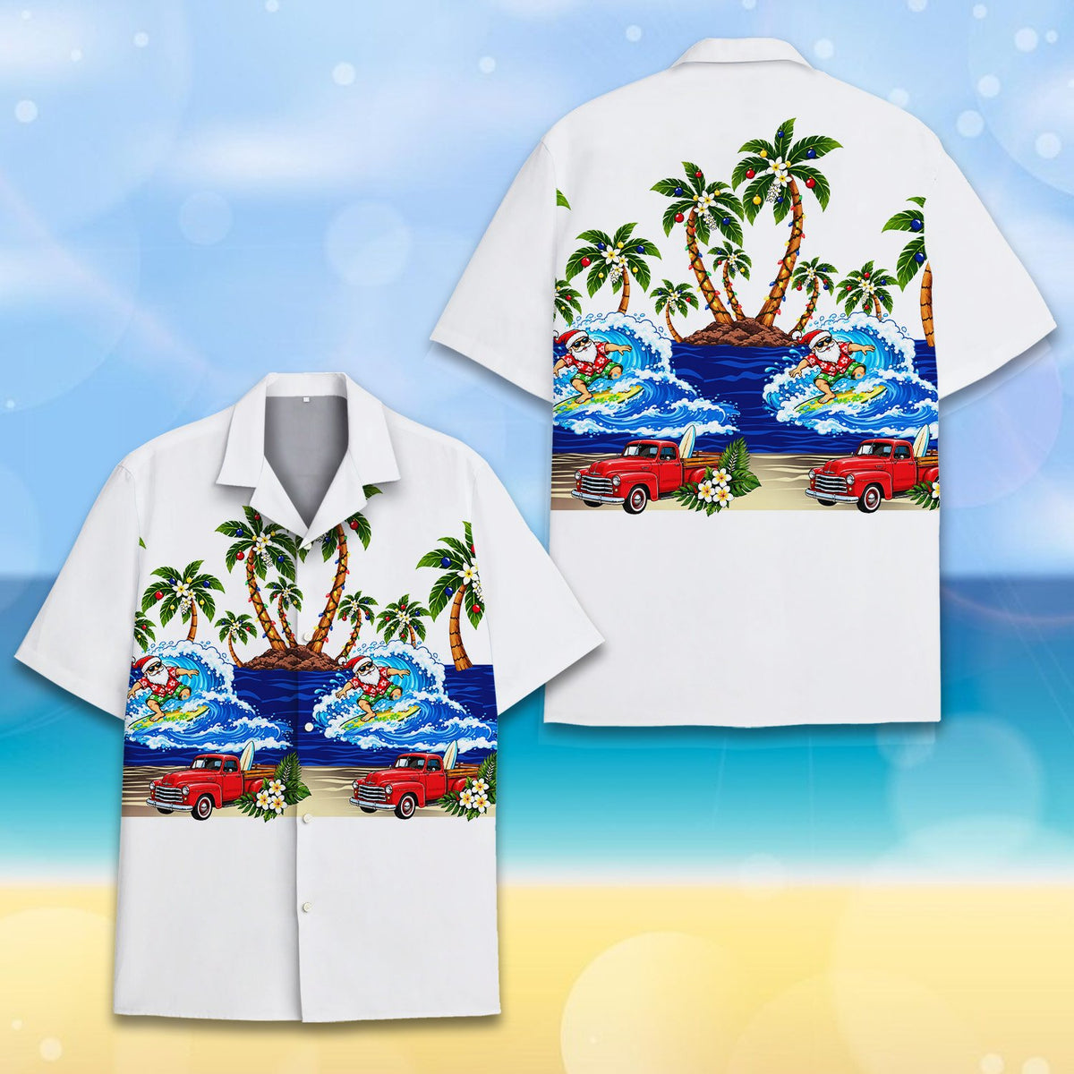 Another front view of the white matching family hawaiian shirt showing the detailed holiday beach print