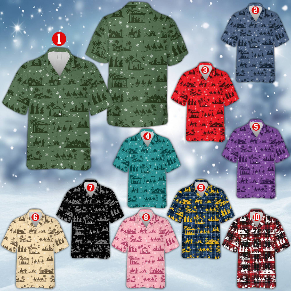 Matching family hawaiian shirt with nativity scene, front view