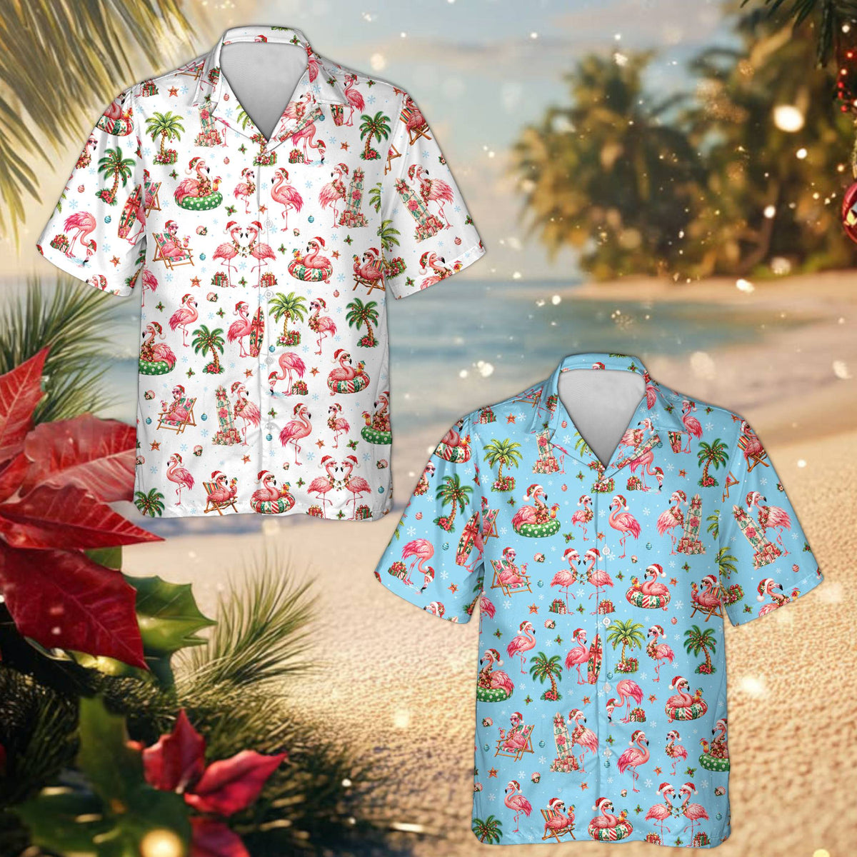 Front view of the matching family hawaiian shirts in multicolor
