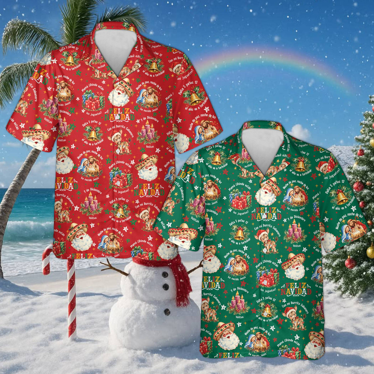 Close up front view highlighting the Santa and Feliz Navidad design on the holiday hawaiian shirt