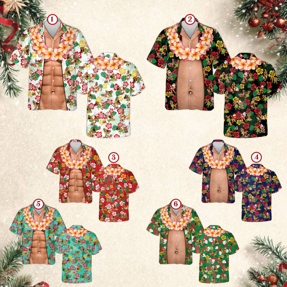 Detailed front view of the matching family hawaiian shirt with faux belly