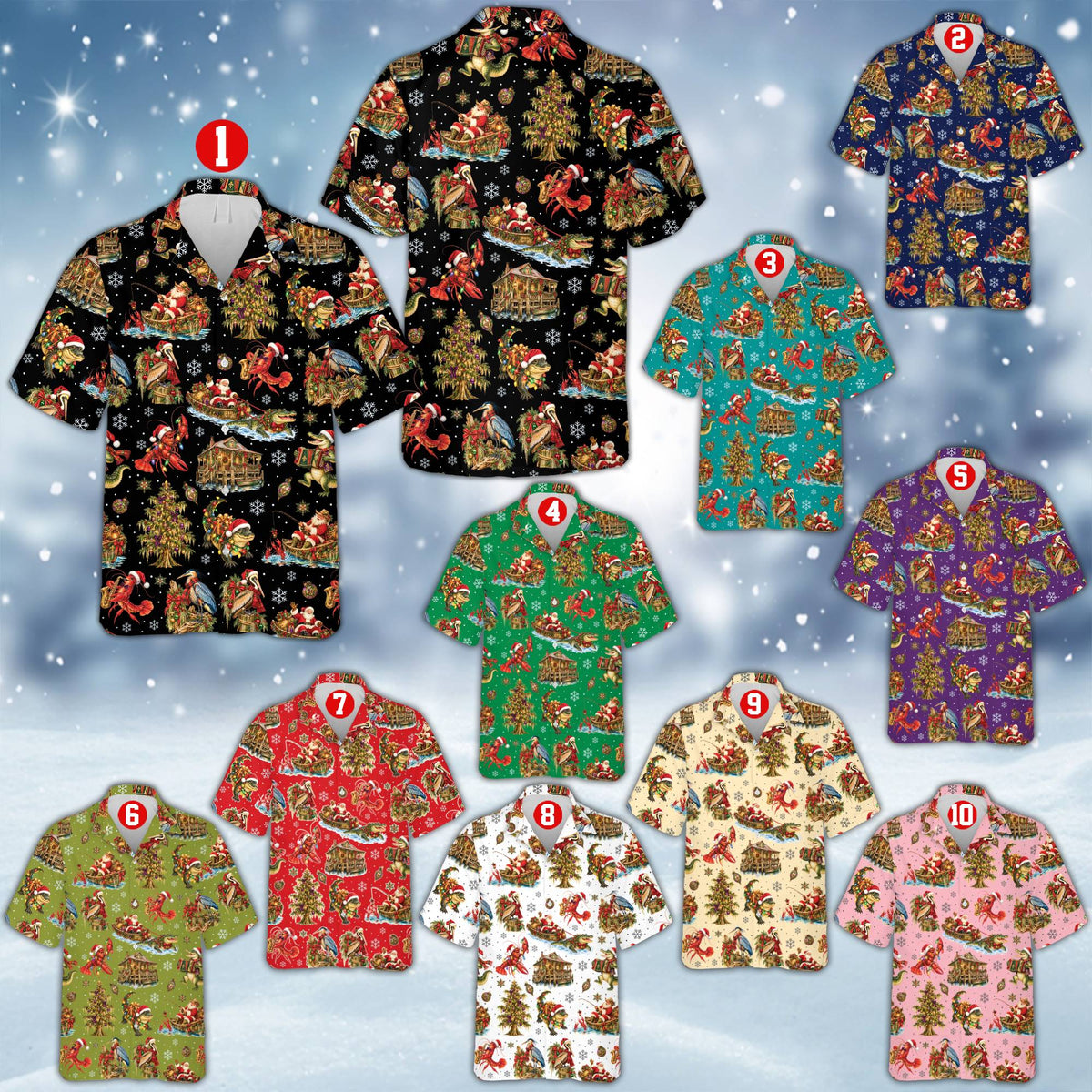 Christmas hawaiian shirt with stilt house and pelican design, front view
