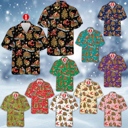 Christmas hawaiian shirt with stilt house and pelican design, front view