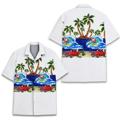 Detailed front view of the surfing Santa and red pickup truck design on the hawaiian shirt