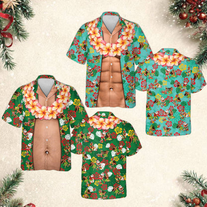 Another front view of the tropical christmas hawaiian shirt with printed lei