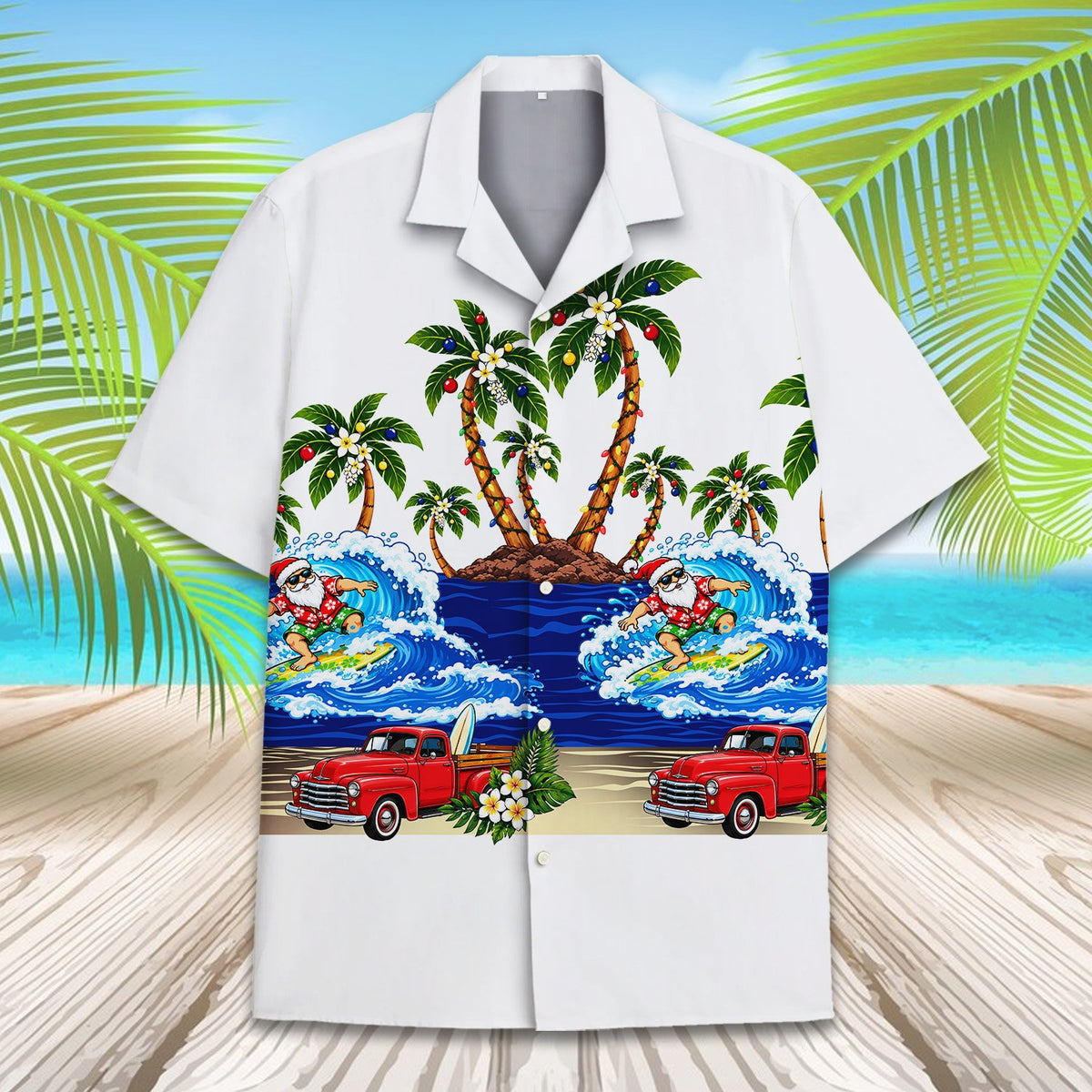 Close up front view highlighting the tropical holiday pattern on the hawaiian shirt
