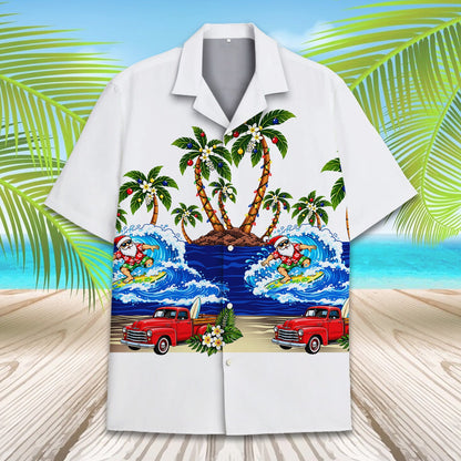 Close up front view highlighting the tropical holiday pattern on the hawaiian shirt