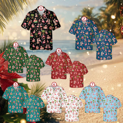 Close up front view of the festive flamingo Hawaiian shirt