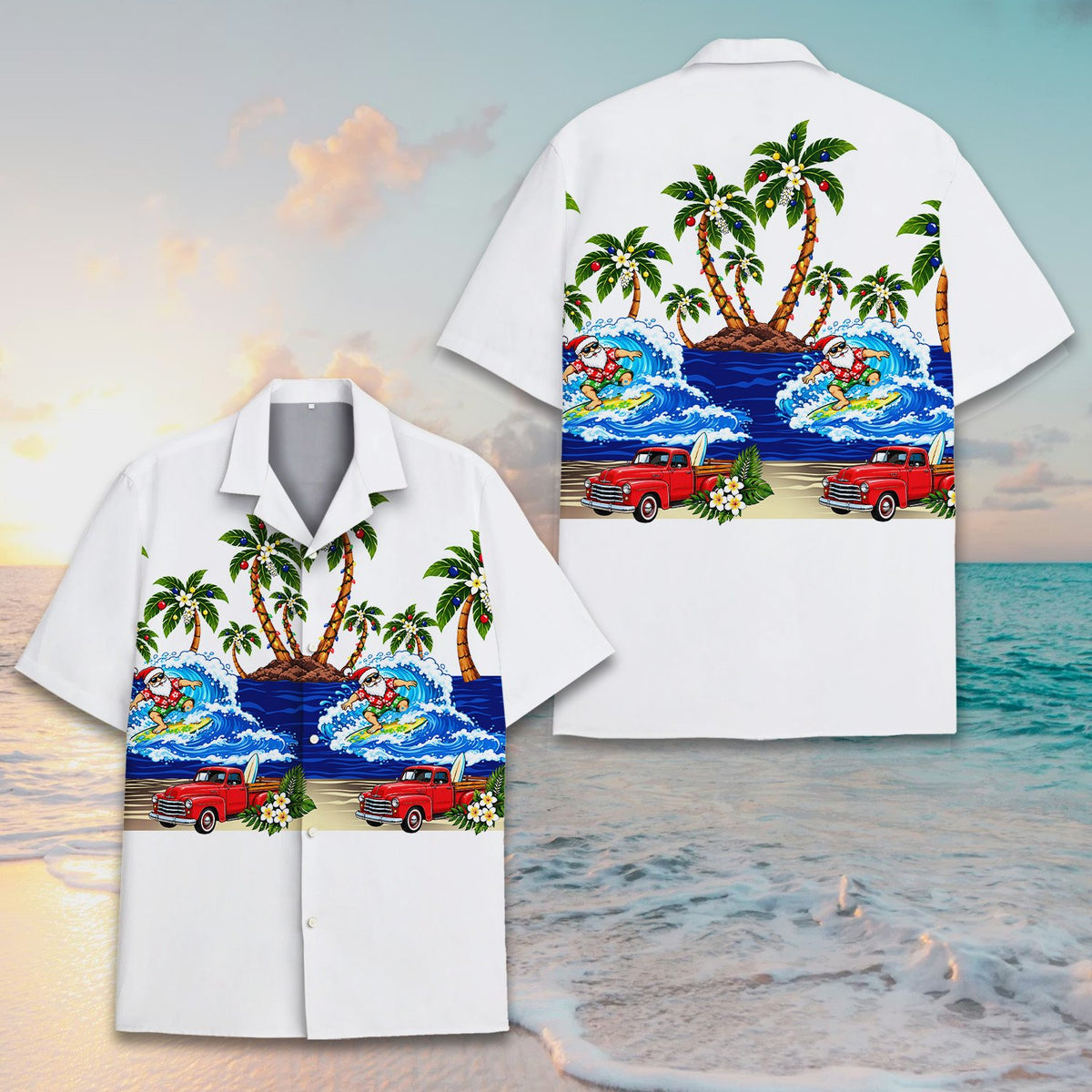 Front angle view of the christmas hawaiian shirt
