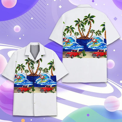 Front view of the tropical christmas hawaiian shirt with decorated palm trees