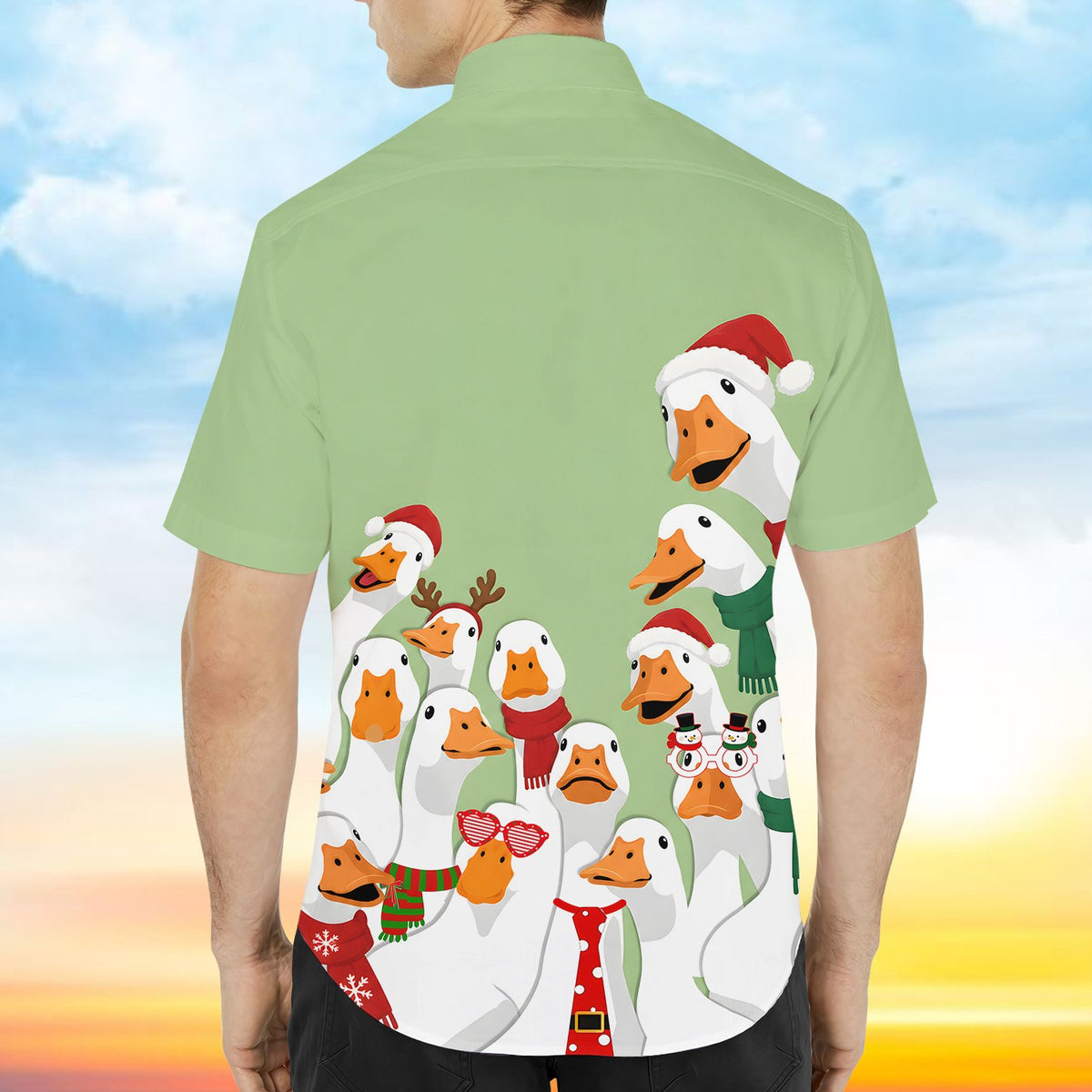 Detailed back view showing the cartoon geese pattern