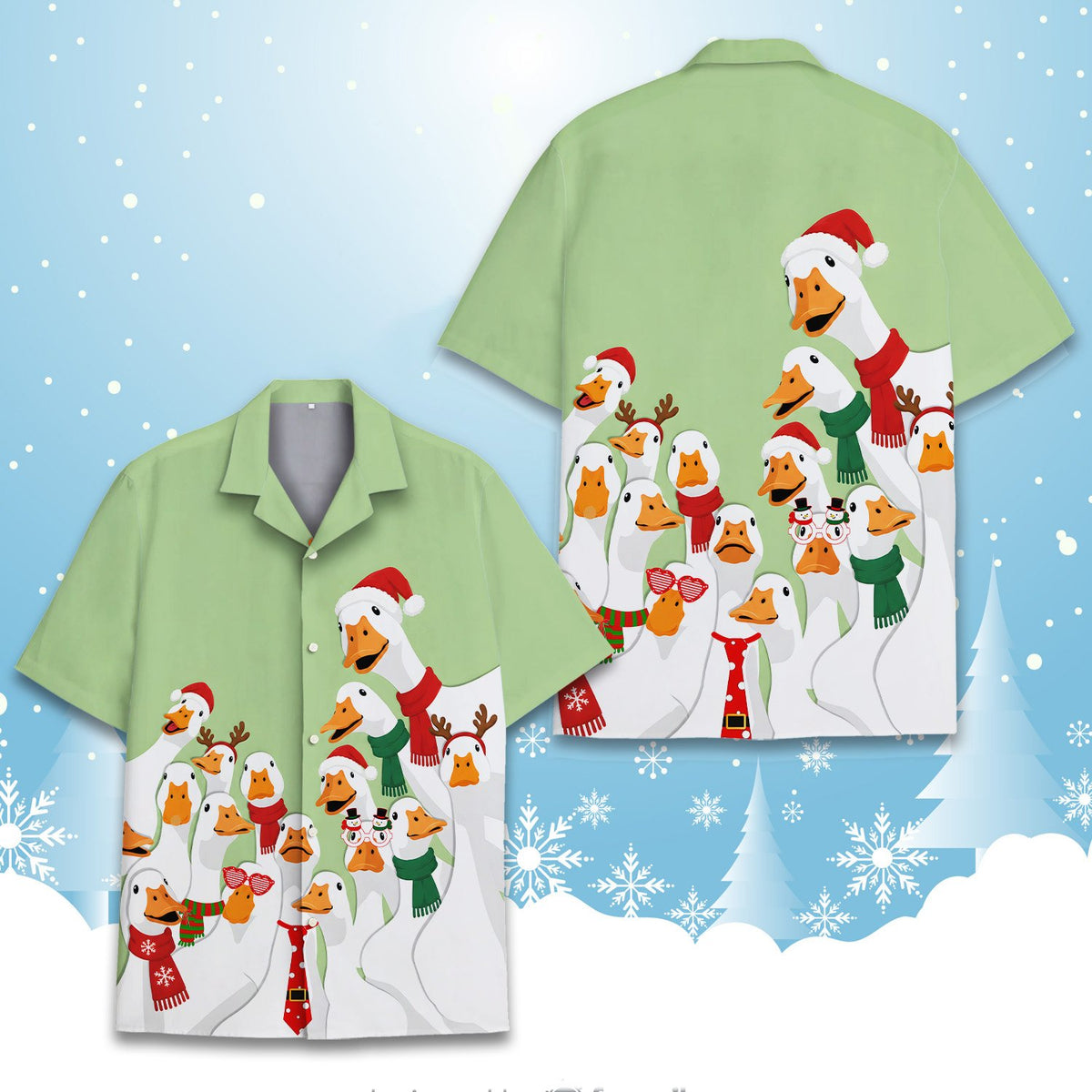 Detailed front view of the festive goose Hawaiian shirt