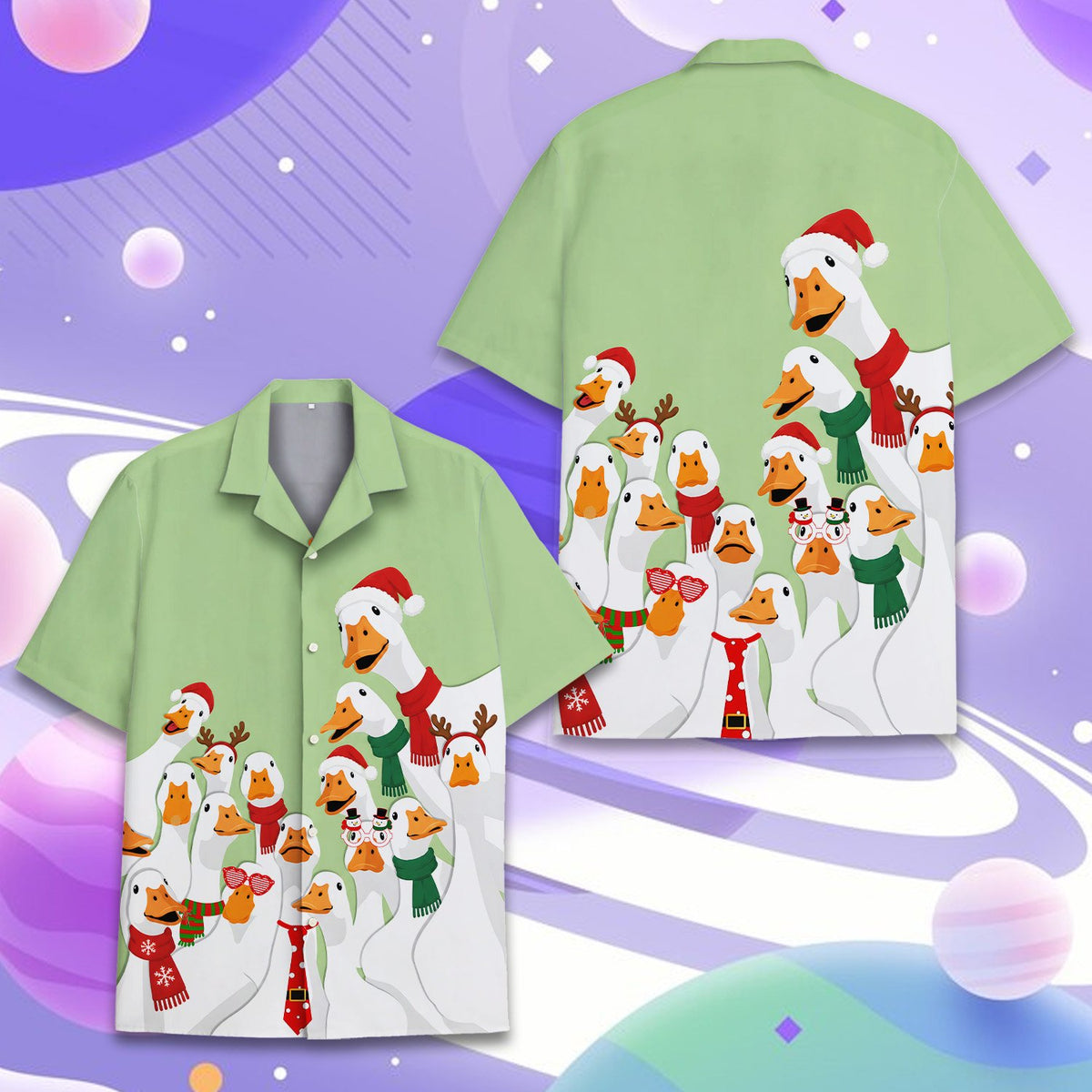 Close up front view of the holiday Hawaiian shirt pattern