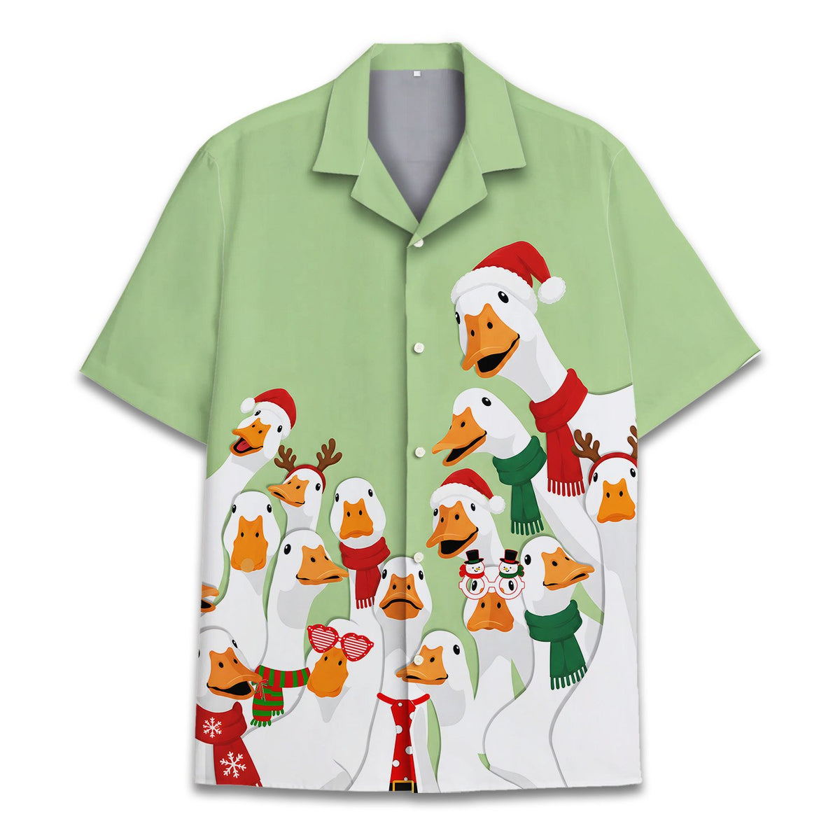 Front view of the light green Christmas goose Hawaiian shirt