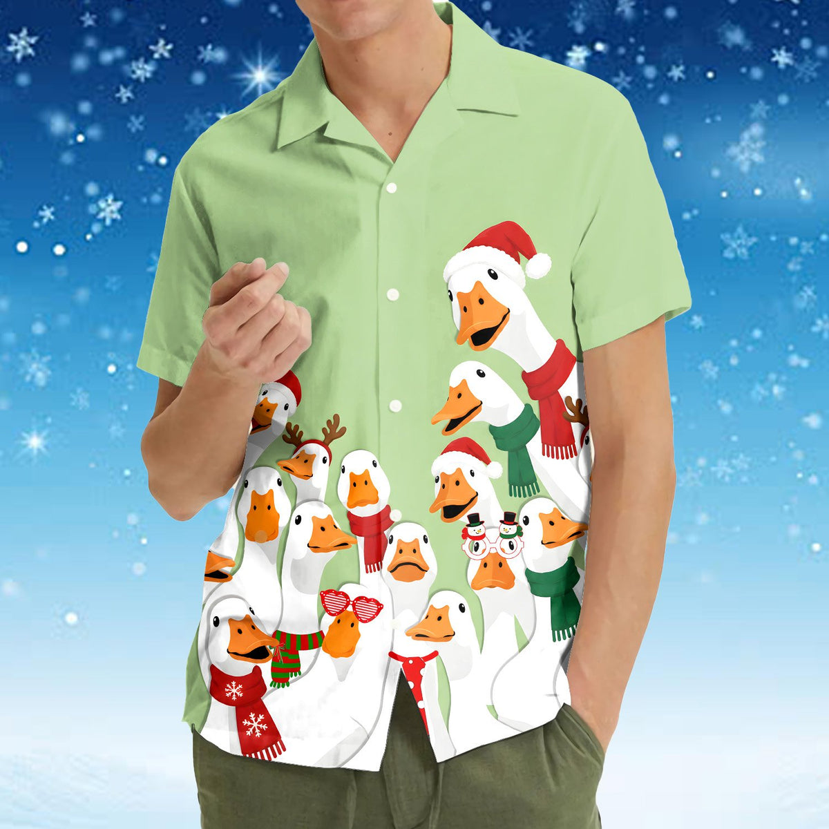 Lifestyle shot displaying the festive matching family Hawaiian shirt