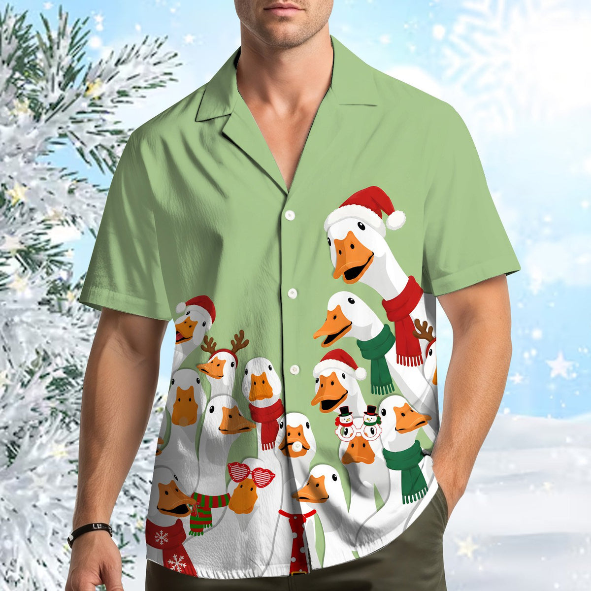 Another lifestyle view featuring the holiday goose Hawaiian shirt