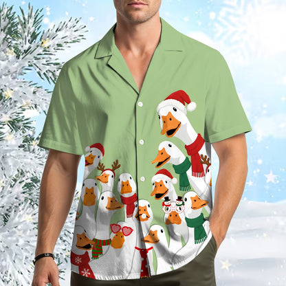 Another lifestyle view featuring the holiday goose Hawaiian shirt