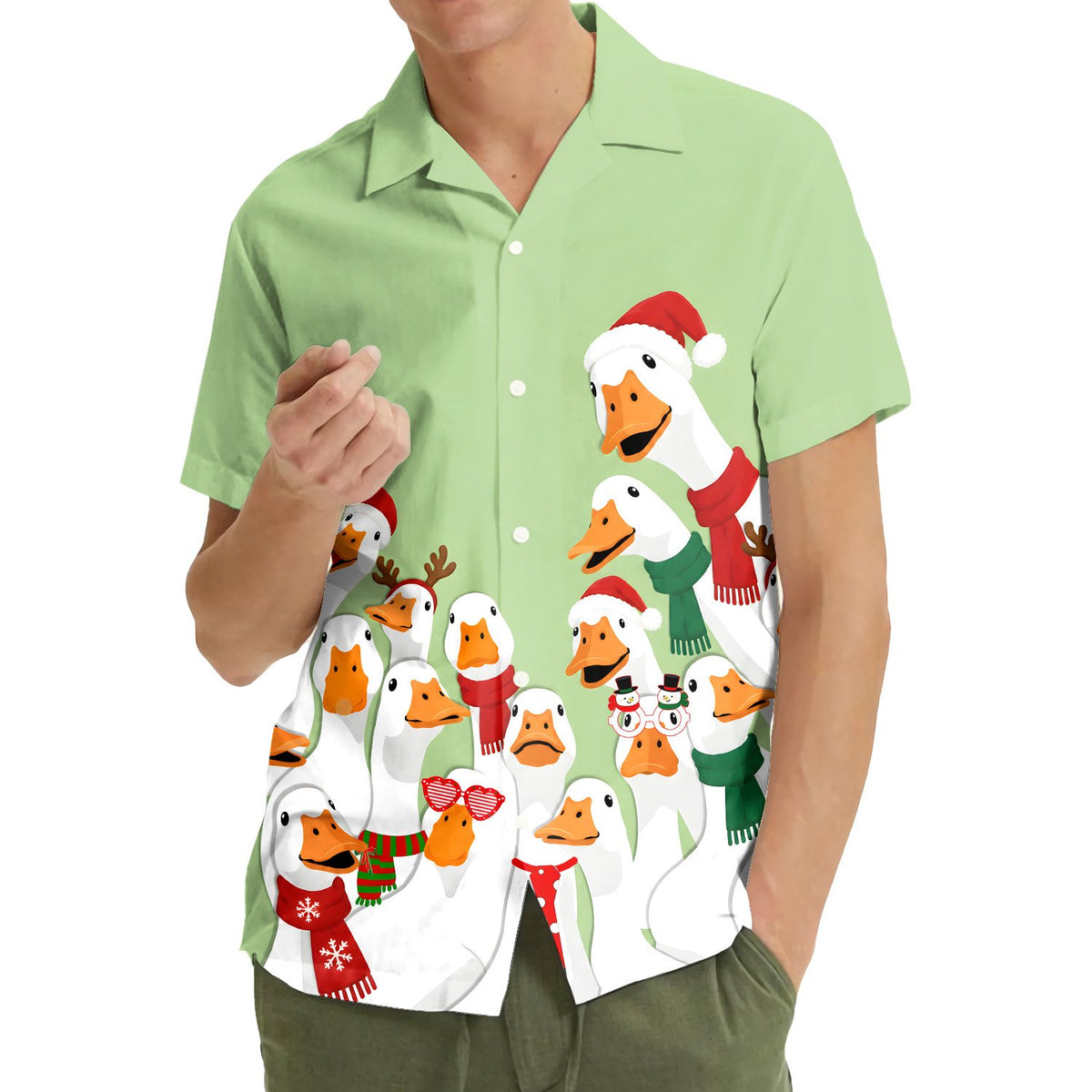 Lifestyle view of a person wearing the Christmas goose Hawaiian shirt