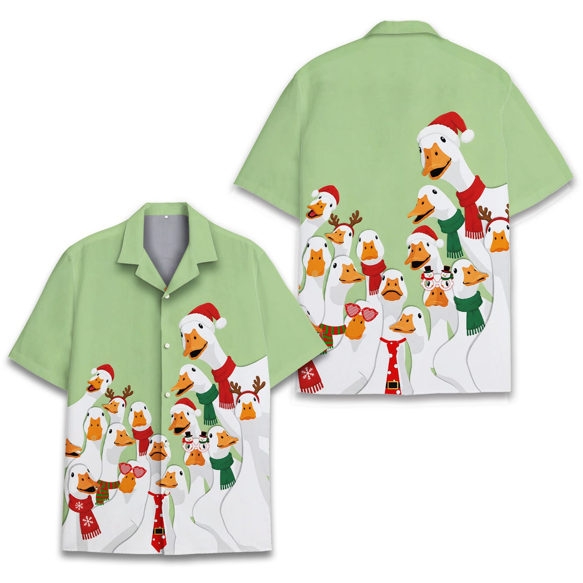 Main view of the matching family Hawaiian shirts featuring a Christmas goose design