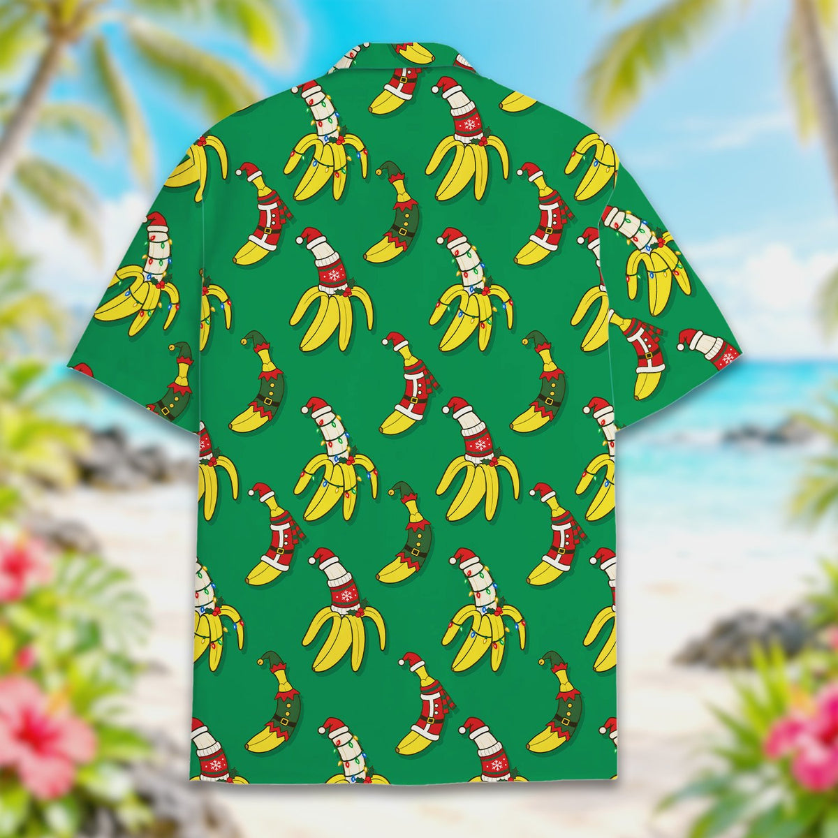Back view of the green christmas hawaiian shirt showing the all-over print