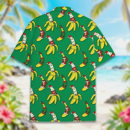 Back view of the green christmas hawaiian shirt showing the all-over print