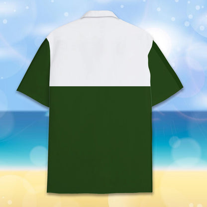 Another back view of the green matching family hawaiian shirt