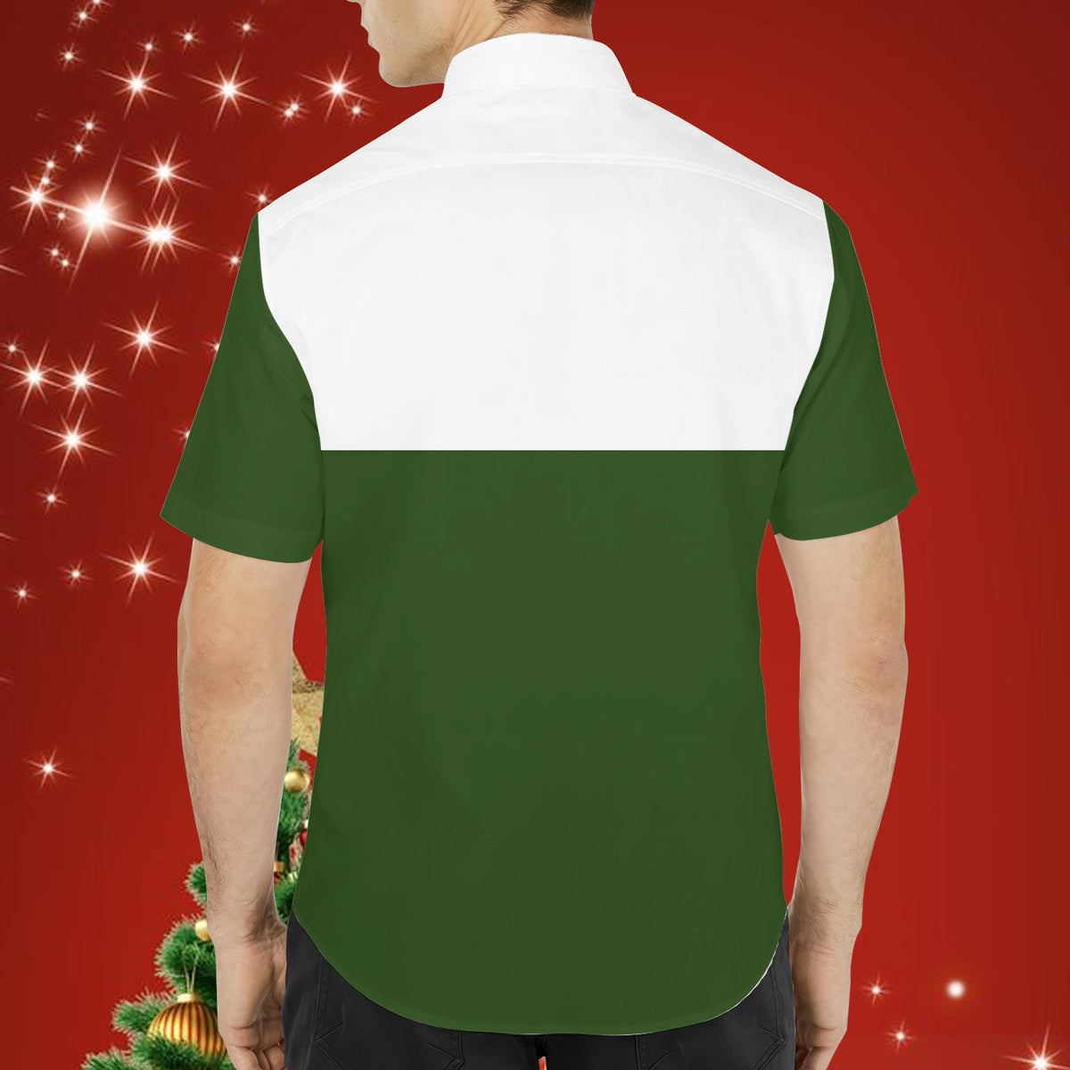 Back view of the green and white christmas hawaiian shirt