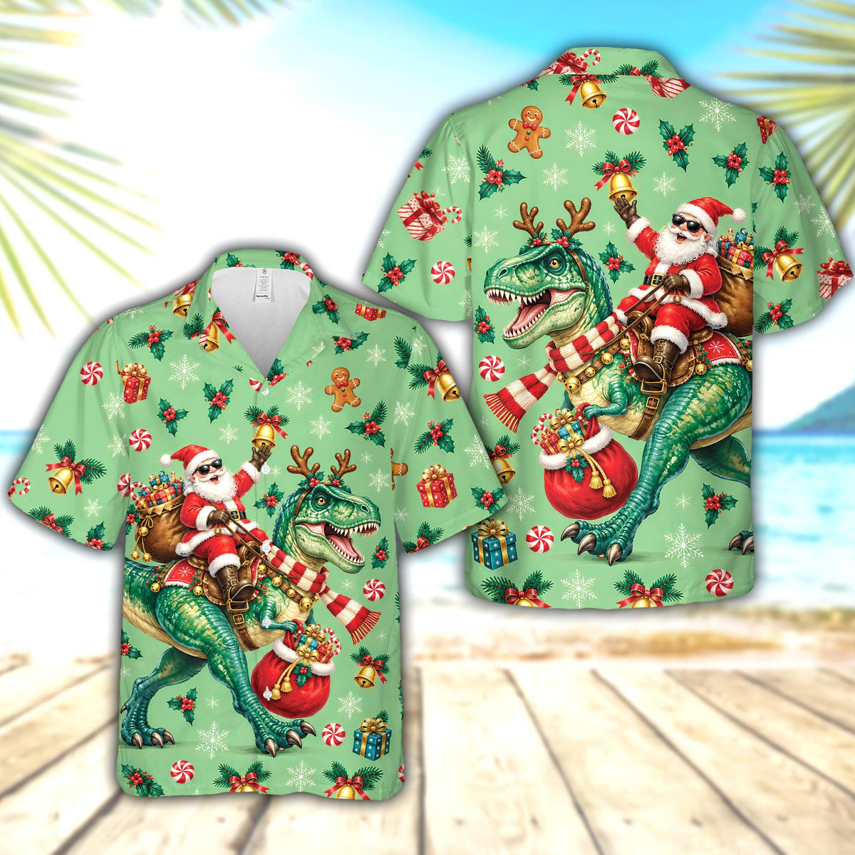 Light green christmas hawaiian shirt with Santa riding a T-Rex and holiday pattern, main view