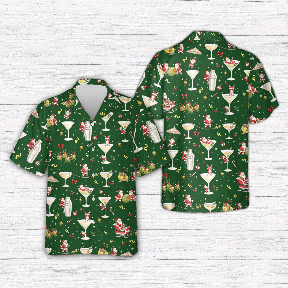Green christmas hawaiian shirt with Santa and cocktails design, front view