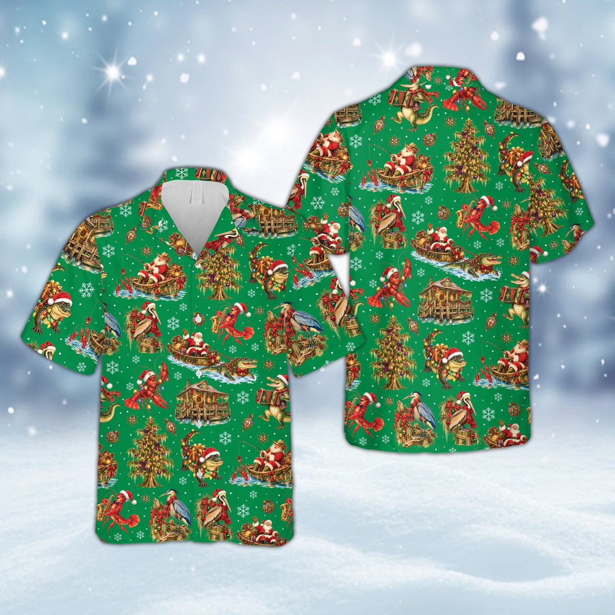 Green matching family hawaiian shirts with Cajun Christmas Santa and alligator design, front view