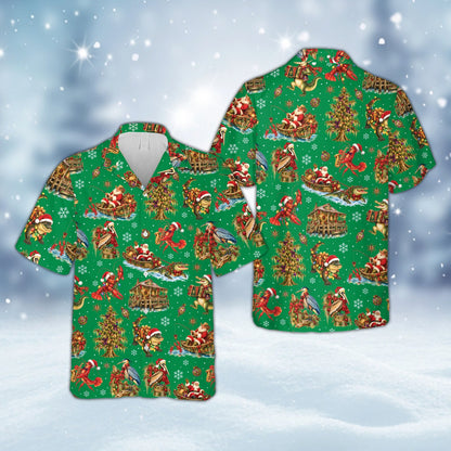 Green matching family hawaiian shirts with Cajun Christmas Santa and alligator design, front view