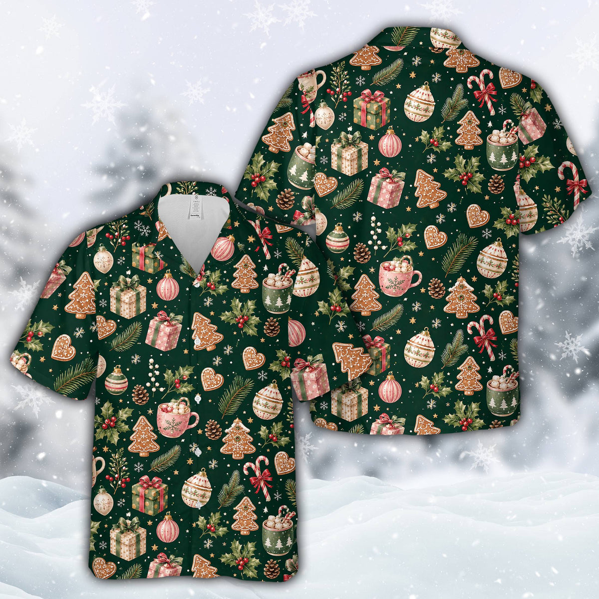 Green family matching hawaiian shirt with ornaments and presents, front view