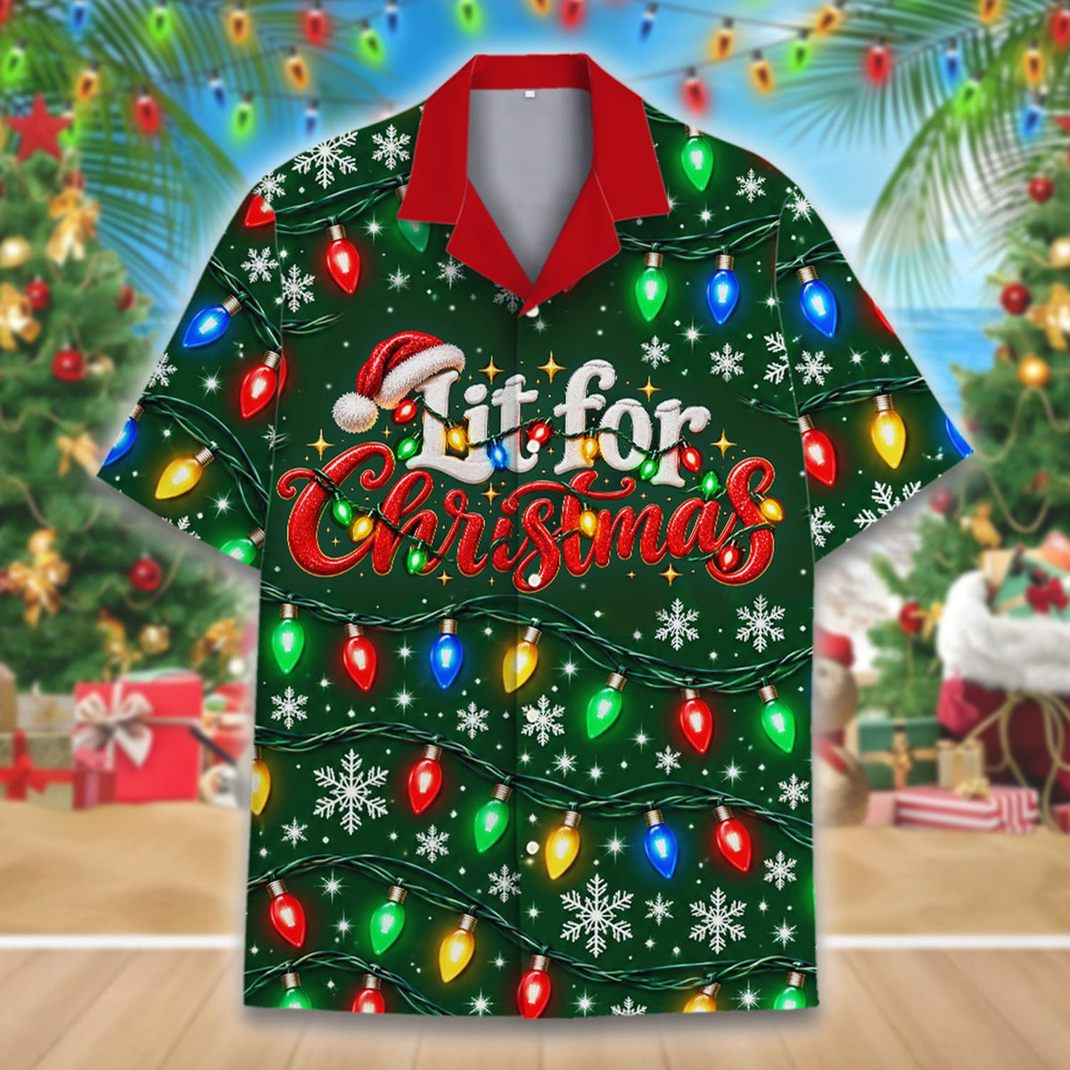 Detailed front view of the green christmas hawaiian shirt