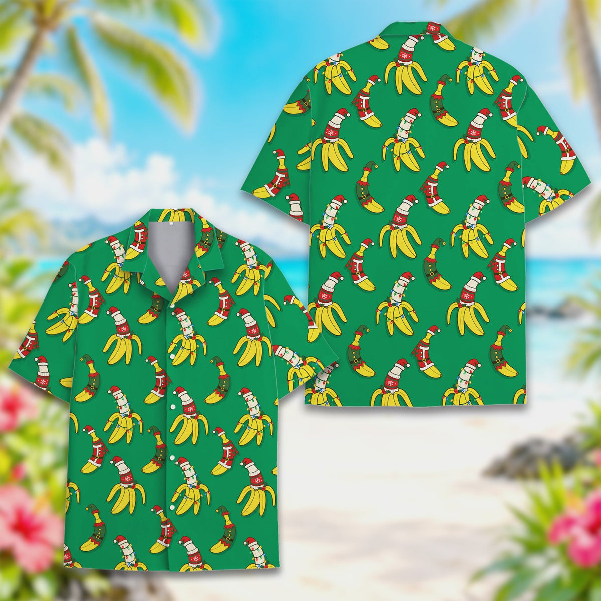 Another front angle of the festive banana holiday hawaiian shirt