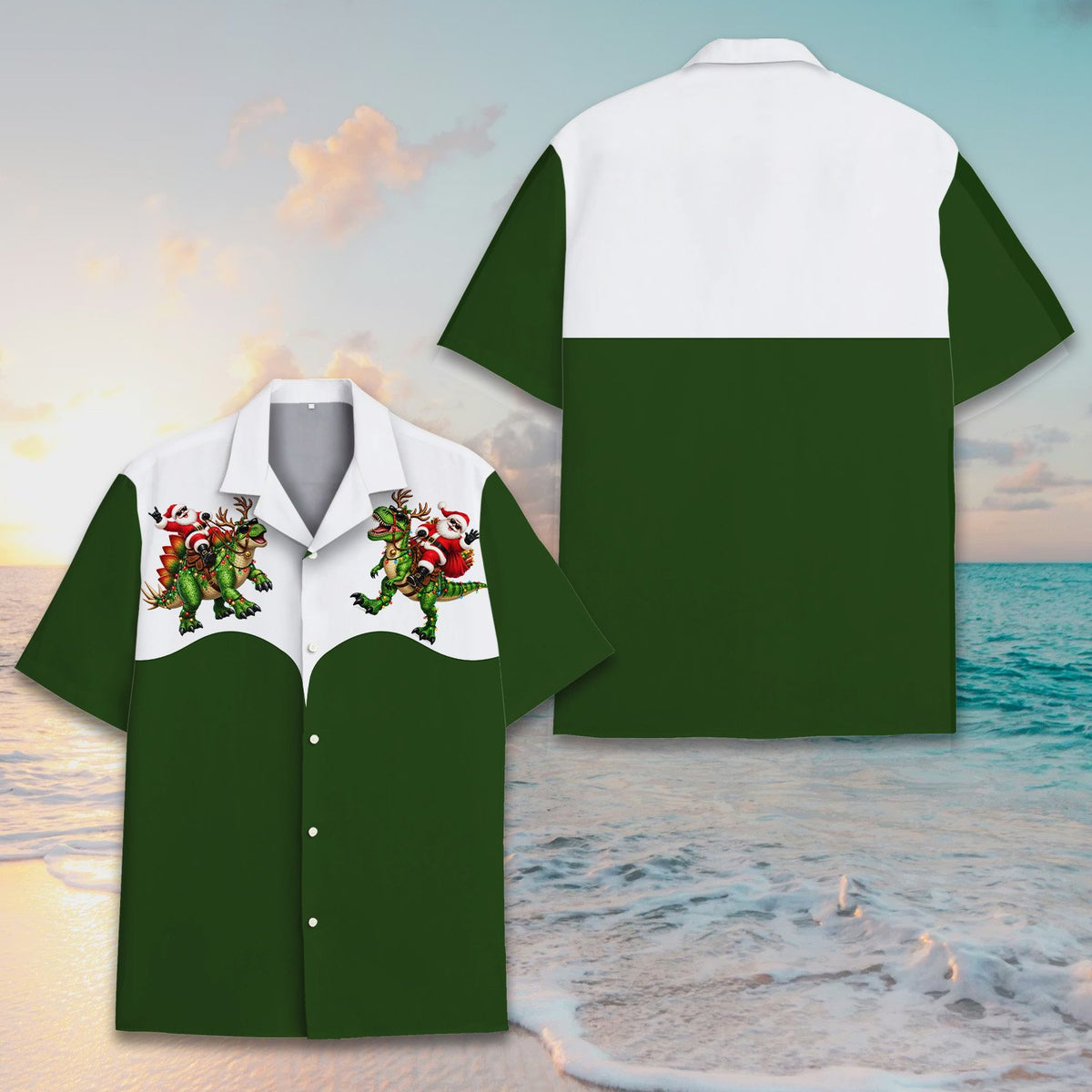 Detailed front view of Santa riding a T-Rex on a christmas hawaiian shirt