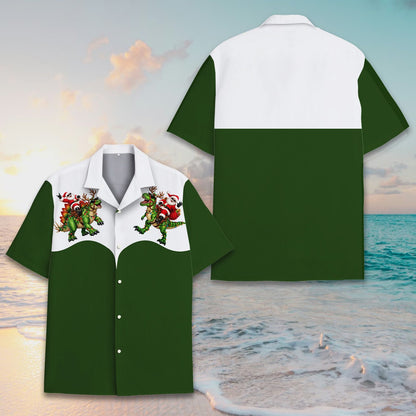 Detailed front view of Santa riding a T-Rex on a christmas hawaiian shirt