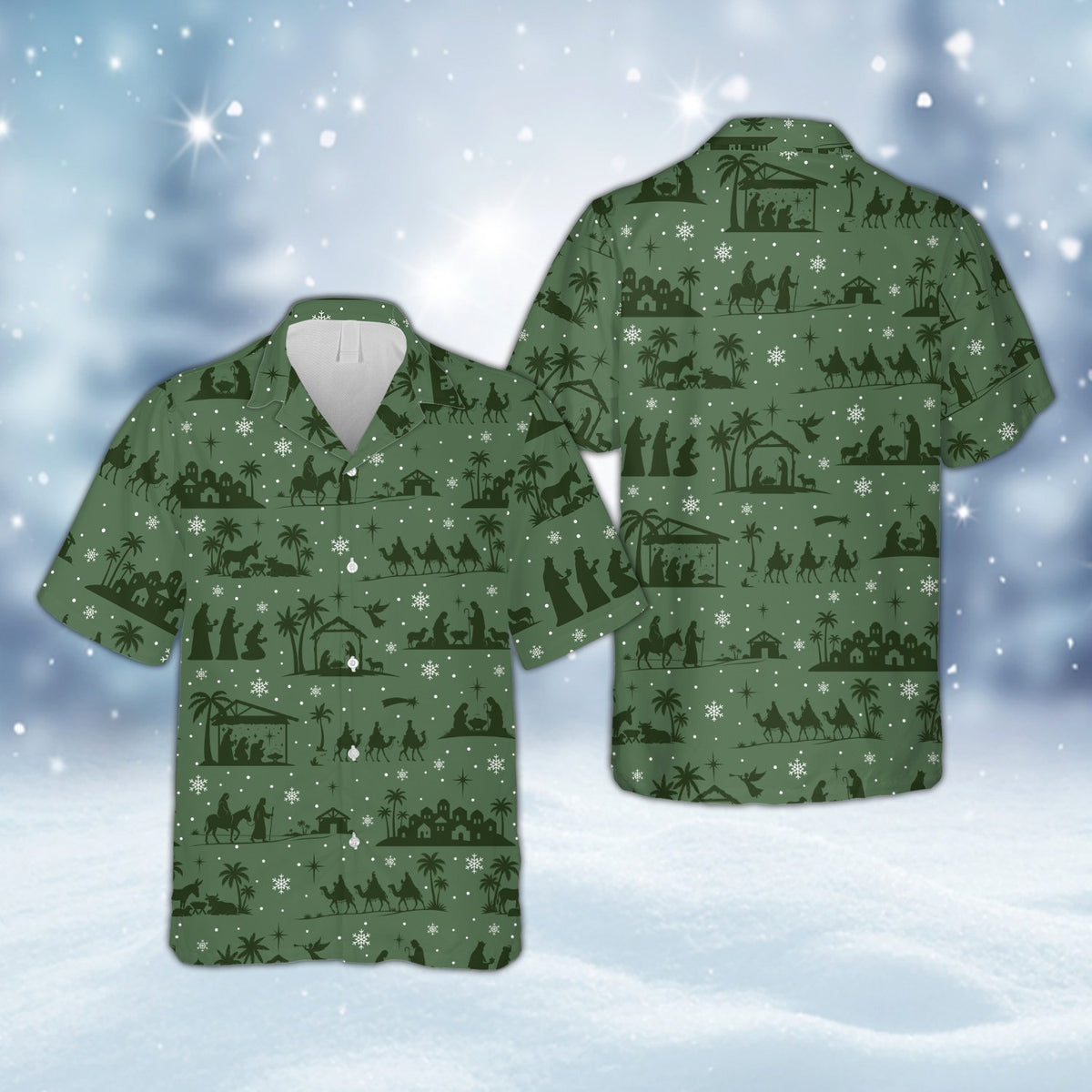 Green matching family christmas hawaiian shirt with nativity scene pattern, front view