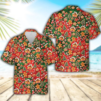 Front view of the Christmas hawaiian shirt with festive gingerbread cookies and candy canes