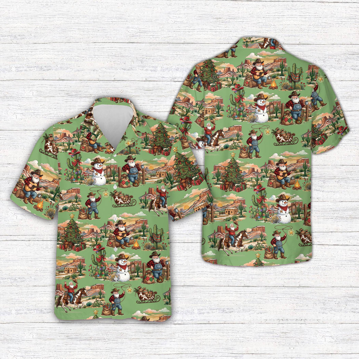 Front view of the green matching hawaiian family shirts with cowboy Santa design
