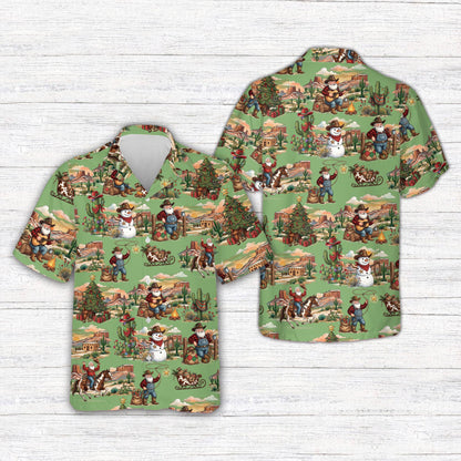 Front view of the green matching hawaiian family shirts with cowboy Santa design