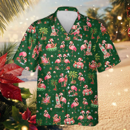 Front view of the green tropical Christmas hawaiian shirt