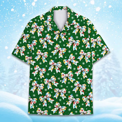 Green front view of the matching family hawaiian shirt