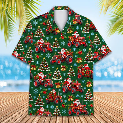 Green front view of the Santa tractor holiday hawaiian shirt