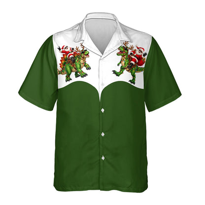 Another front view of the festive green and white hawaiian shirt