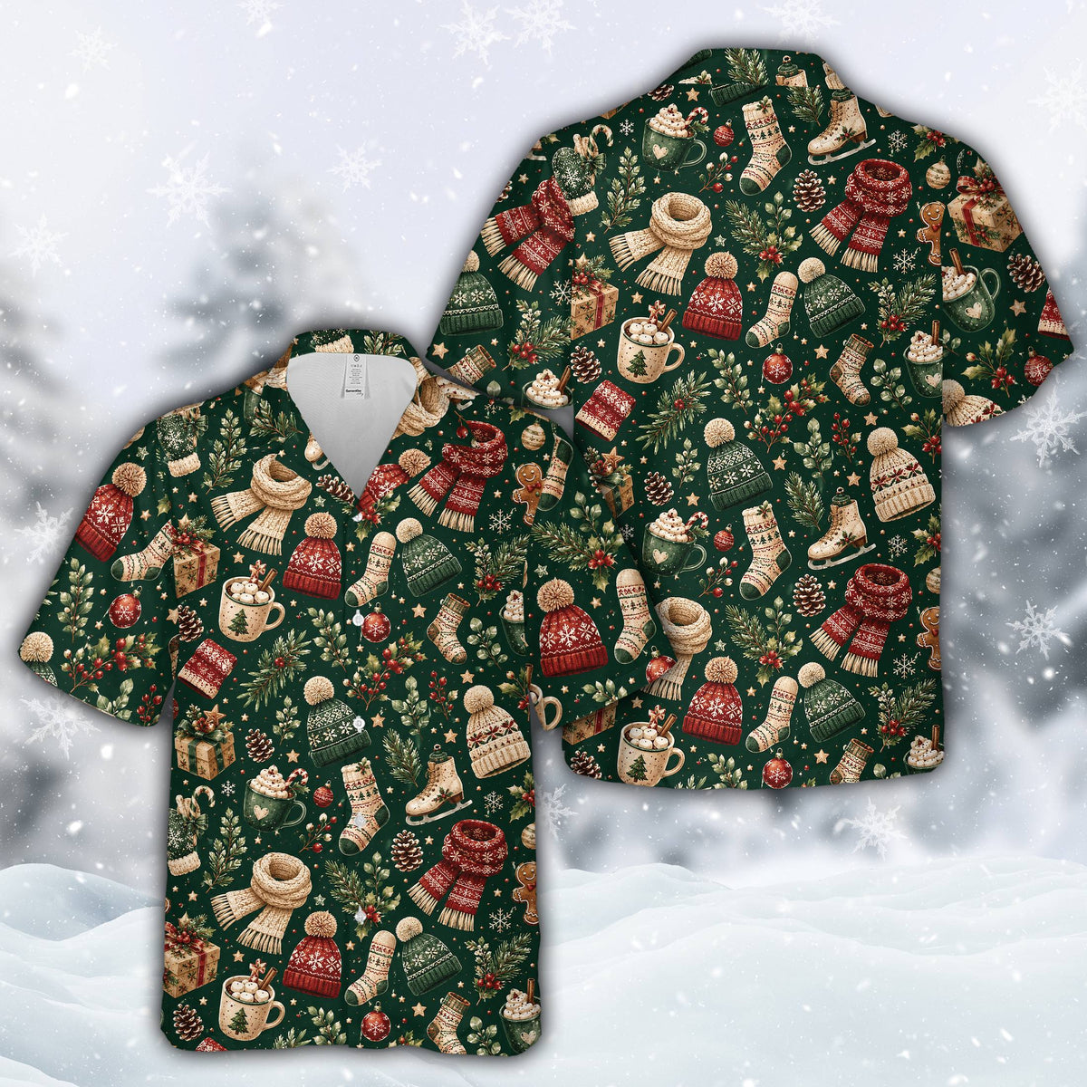 Matching family Christmas hawaiian shirt in green featuring vintage holiday motifs, front view