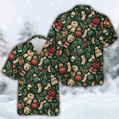Matching family Christmas hawaiian shirt in green featuring vintage holiday motifs, front view